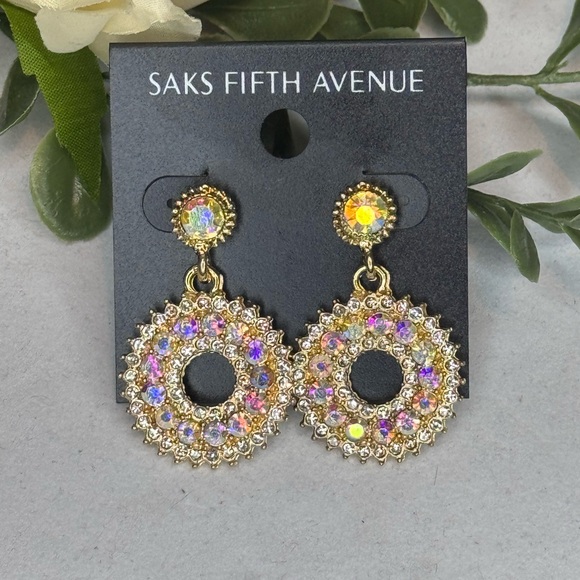 Saks Fifth Ave AB Crystal Post With Drop Hoop AB Crystal Earrings - Picture 5 of 9